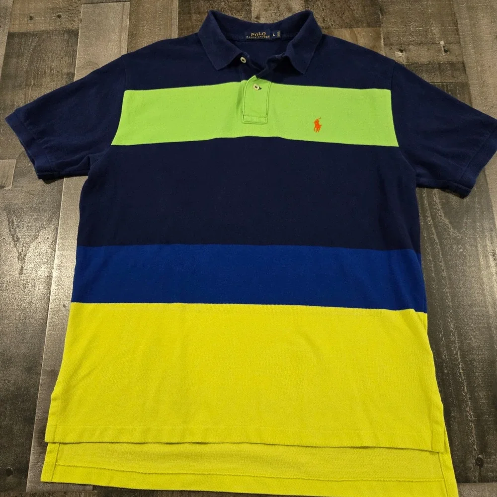Vintage Polo Ralph Lauren Multi Colorblock Striped Mesh Polo Shirt Men's L Neon